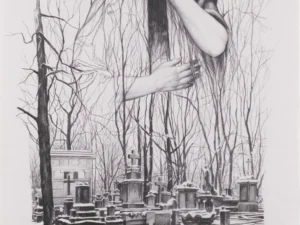 Graphite drawing with a tree-bodied human figure and birds in grayscale.
