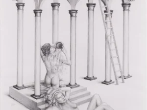 Graphite drawing with a nude figure and fragmented classical head in gray and white tones.