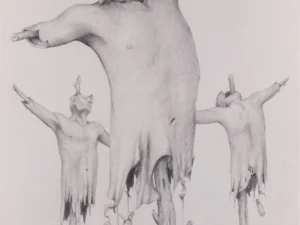 Pencil drawing with three ragged scarecrow-like figures in gray graphite on pale paper.