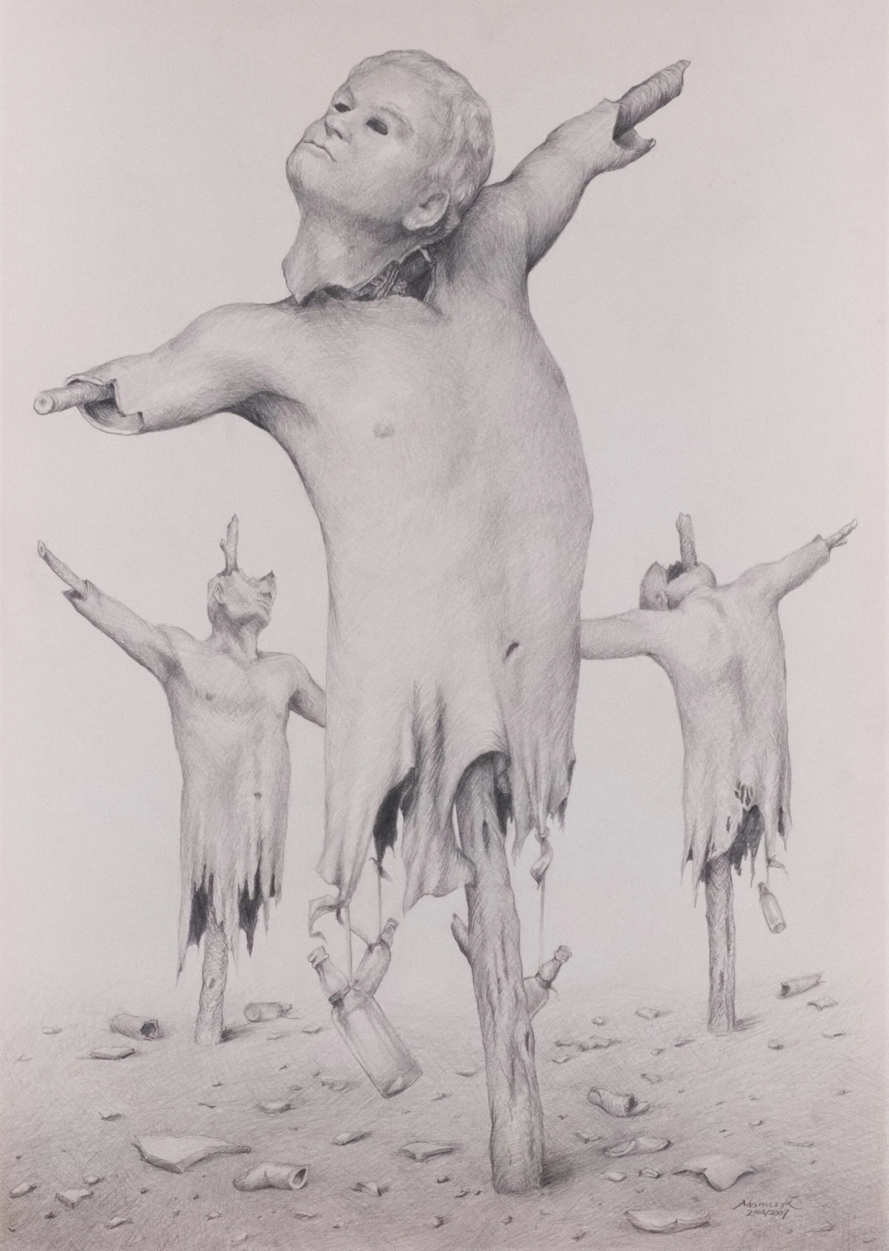 Pencil drawing with three ragged scarecrow-like figures in gray graphite on pale paper.
