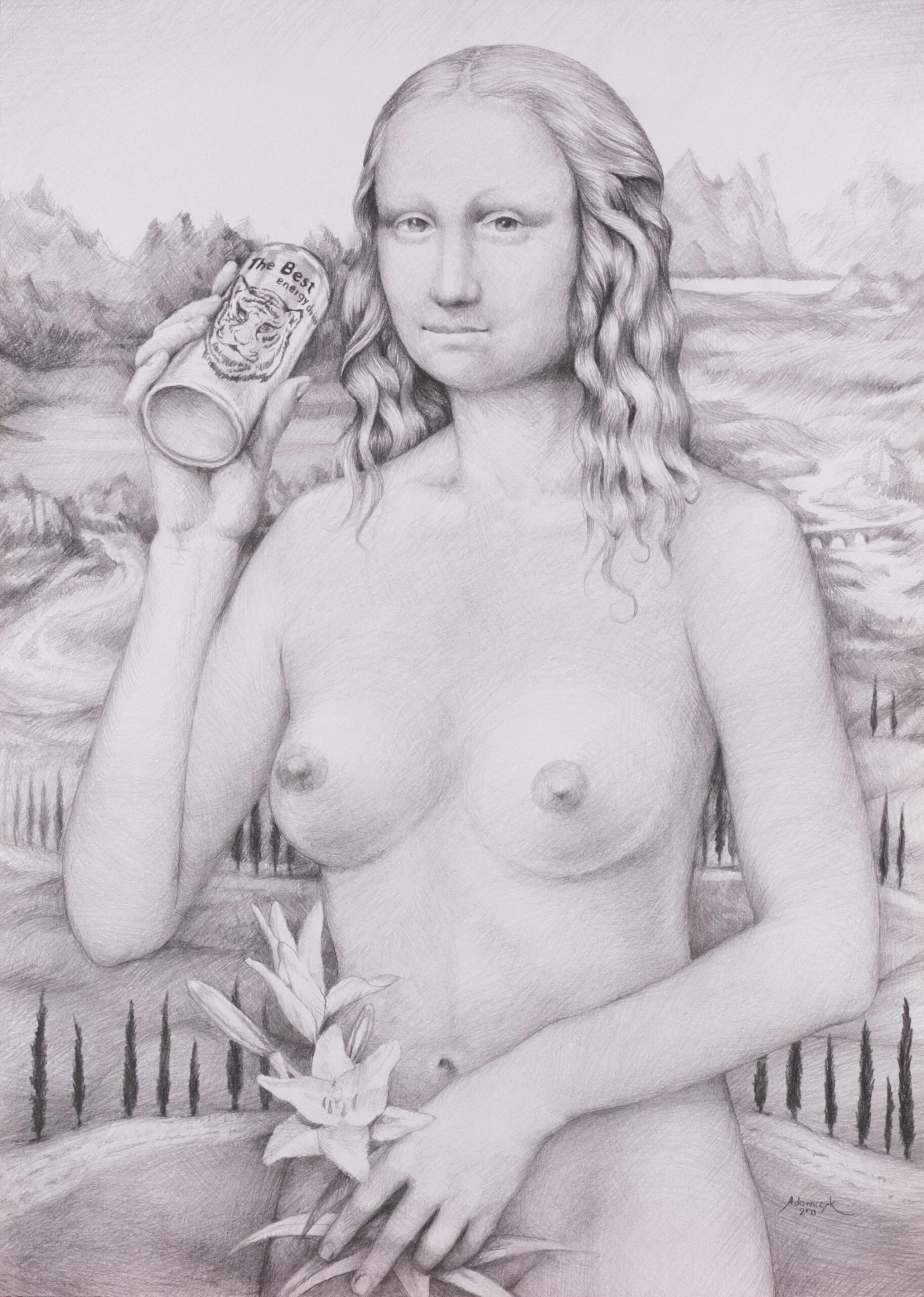 Graphite drawing with a nude portrait figure holding a can and flowers in pale gray tones.