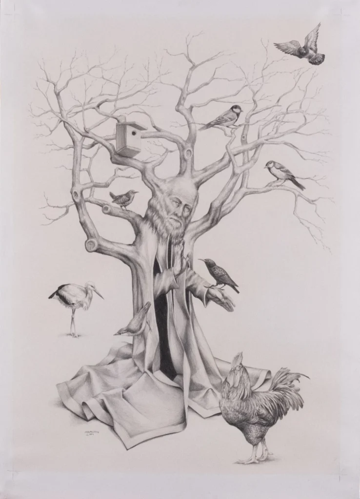 Pencil drawing with a robed tree-like figure
