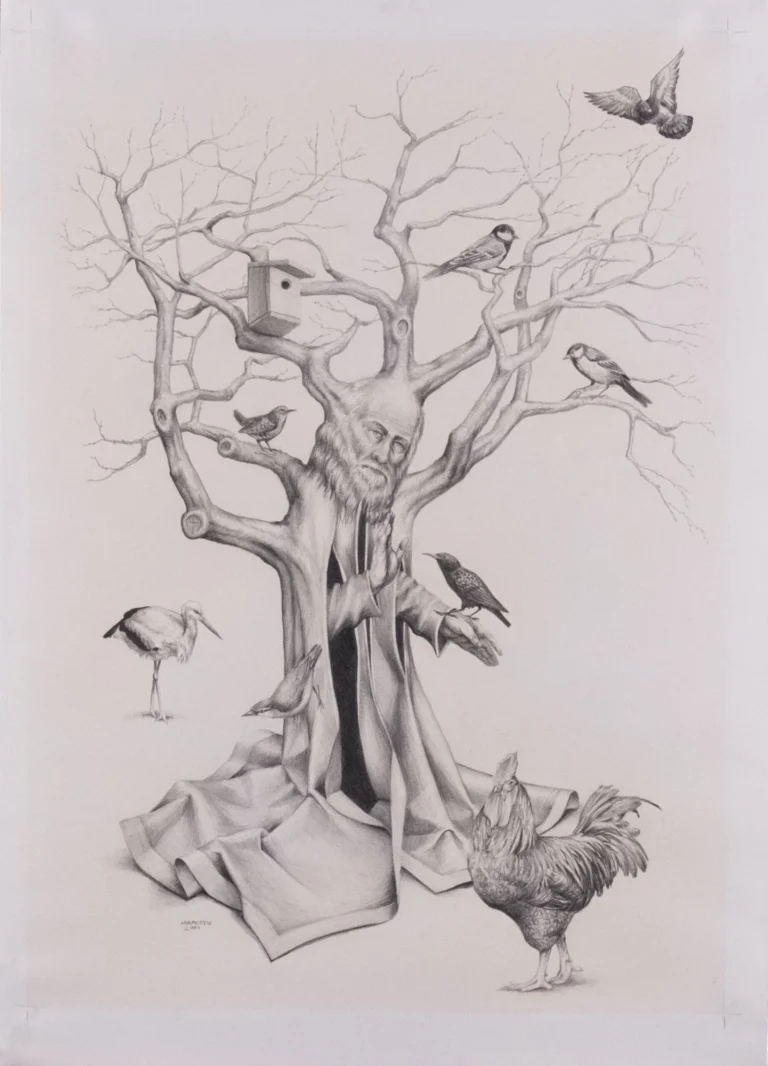 Pencil drawing with a robed tree-like figure