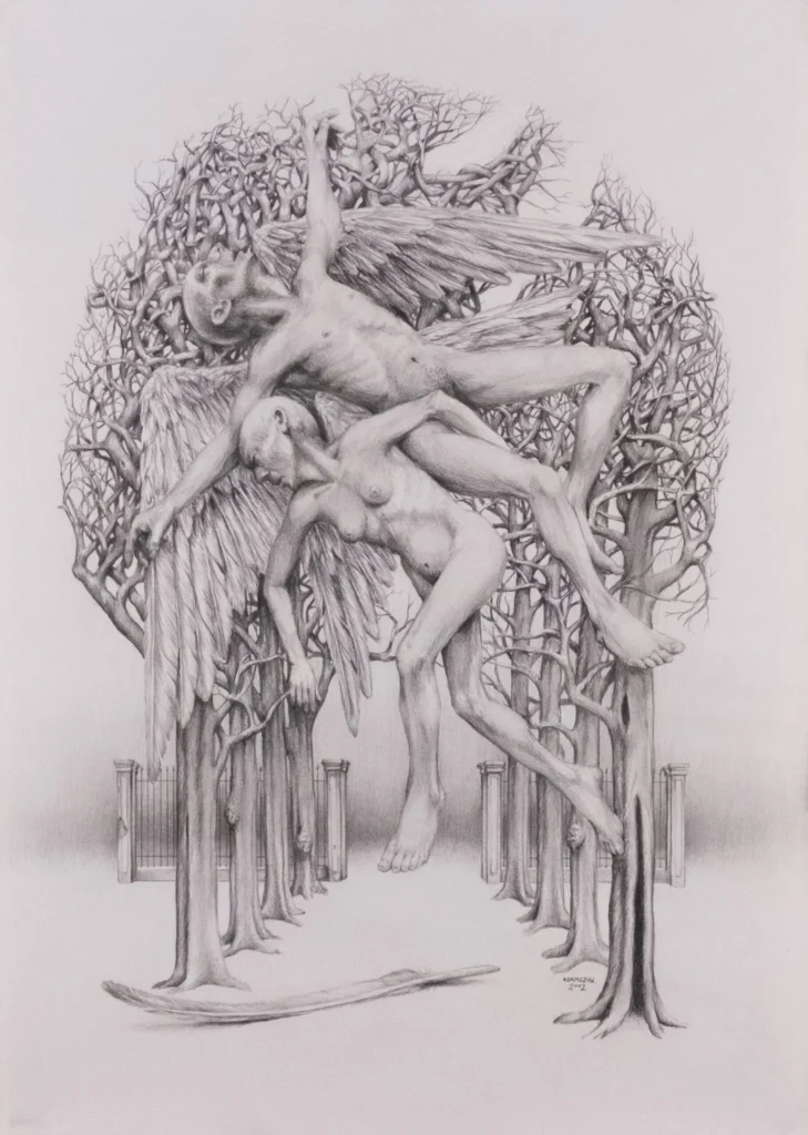 Drawing with two nude winged figures suspended among leafless branches in grayscale.