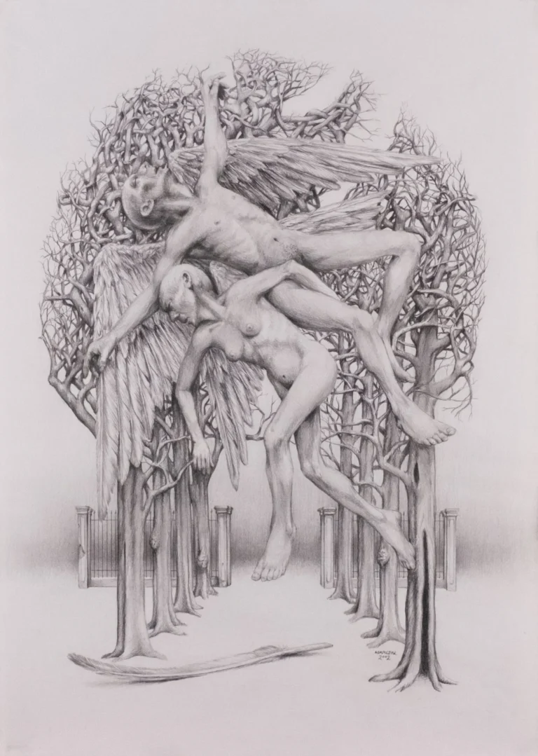 Drawing with two nude winged figures suspended among leafless branches in grayscale.
