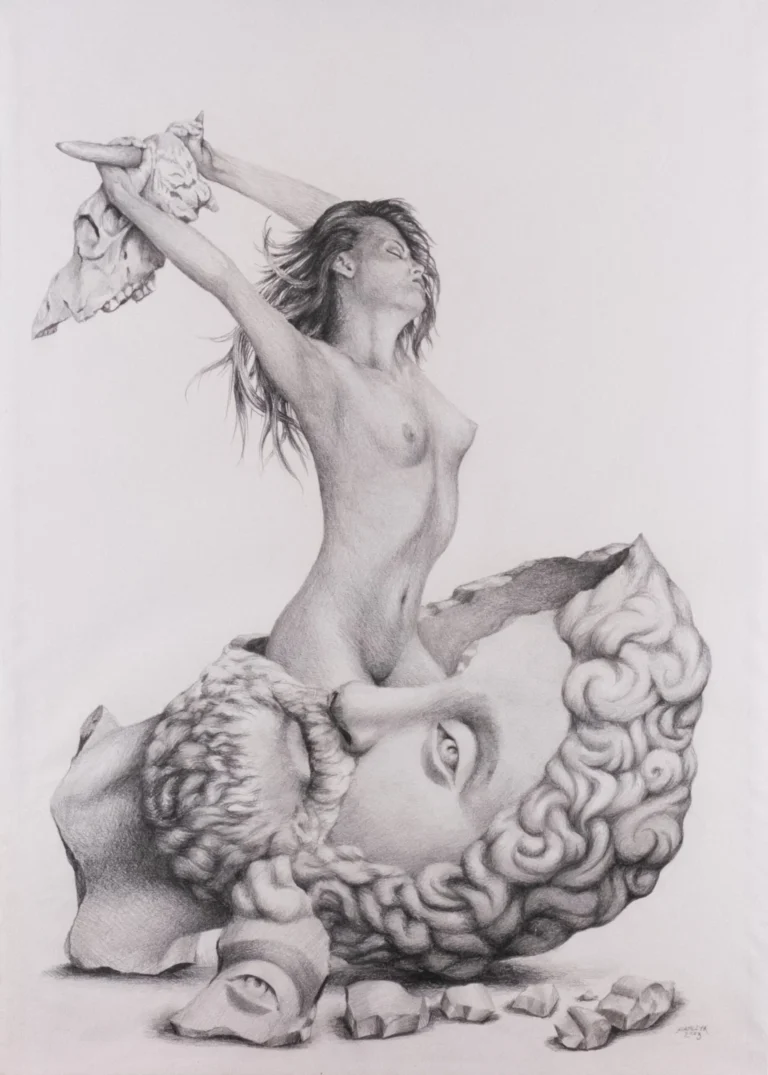 Graphite drawing with a nude figure above a broken classical head in gray and white tones.